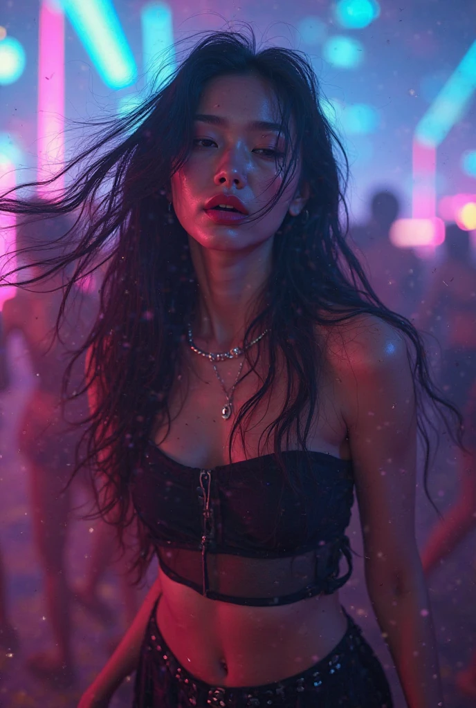 The face of a sexy Japanese woman dancing wildly at a club.