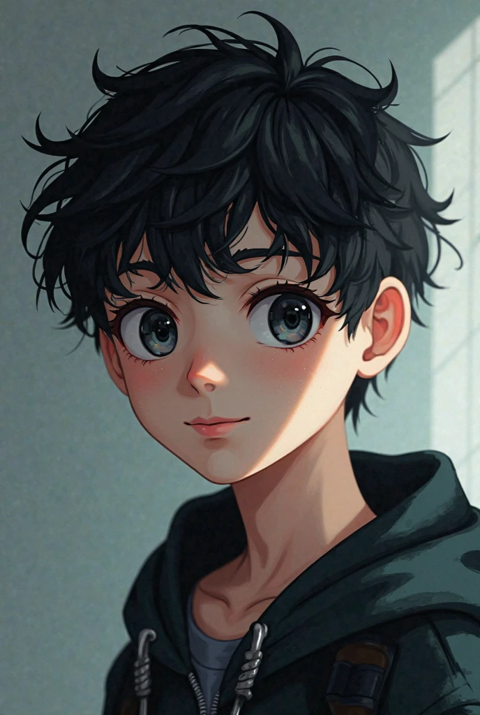 Boy with short curly hair, With Nick from Shinkeid and Gamer dark eyes dark eyes style and very short short hair