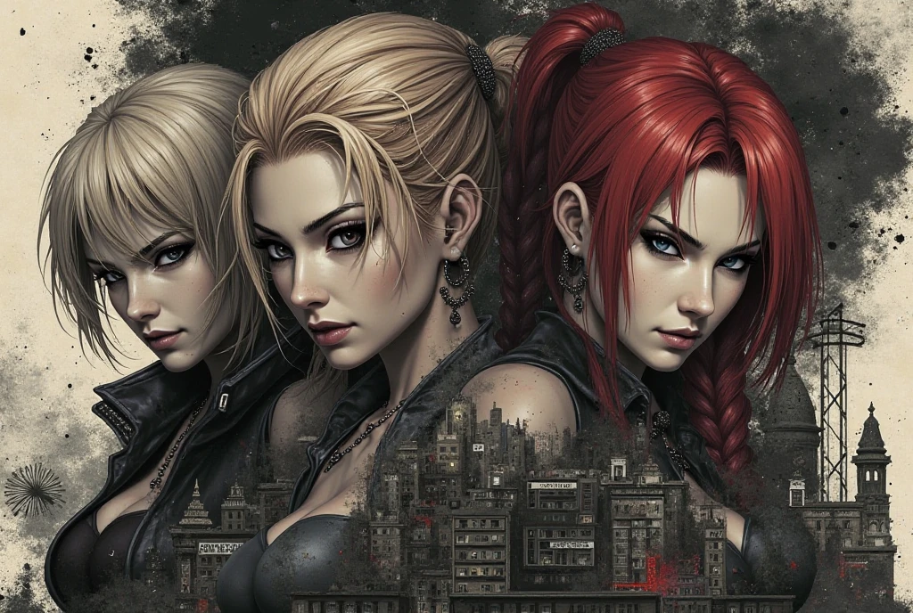 A half body, portrait of 3 German girls long blonde hair of 21 years, red leather jackets, background chains, chain, more chains, many chains, , red, red fire, many background flames.
