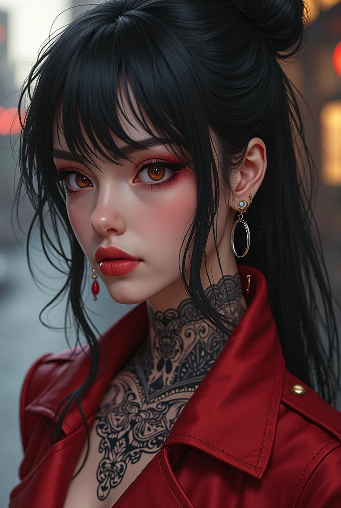 Duskfall Art,(masterpiece, best quality, ultra-detailed, highres, best illustration),perfect face, ((solo, solo focus)),sidelighting, lustrous skin,(bloom), (shine), ray tracing,1boy, male focus, facial hair, red eyes, solo, red hair, colored sclera, black hair, multicolored hair, shirt, black sclera, earrings, jewelry, tattoo, piercing, beard, streaked hair, jacket, parted lips, looking at viewer, white shirt,depth_of_field, city background,very detailed background,extreme light and shadow,(detailed eyes), (beautiful) beautiful detailed eyes, perfect lighting , perfect anatomy,(extremely detailed illustrated 8k wallpaper),(masterpiece), (best quality), (ultra-detailed), (best illustration),(best shadow), vivid colors,