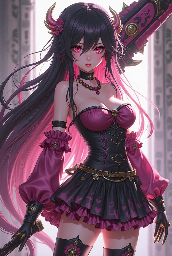 pink theme, masterpiece, magical girl, (impossible clothes:1.5), microskirt, gradient background, black hair, pigtails, blunt bangs, sidelocks, pink eyes, medium breasts, breasts, thigh gap, hair ornament, arched back, black_witch_hat,intricate_embellishments,Mystical_fountains, glowing_crystals