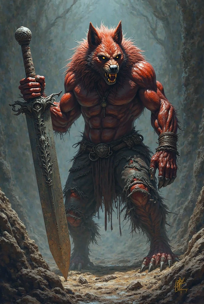 ((full body)), Masterpiece, best quality, Artstation, by Frank Frazetta, by Simon Bisley, by Luis Royo, by H.R. Giger, by Ashley Wood, by Bill Sienkiewicz, by Ryan Meinerding, by Ian McQue, by Syd Mead, by Frank Frazetta, by Joseph Michael Linsner. ((Medium Close Shot)), ((Full Body shot)), ((Beautiful tanned Female in the process of transforming into a werewolf)), ripping clothing, torn dress, rags, long claws, war paint, mud, tribal, ((blood splatter and blood particles)), feral, (snarling), ((black flowing hair)), ((wild glowing red eyes)), partially hairy body, (inside of a dark gloomy stone dungeon lit by firelight), ((stalactites & stalagmites)), ((dynamic pose)), ((Volumetric lighting)), ((diffused lighting)), ((Subtle lighting)), ((Good Highlights)), ((Good Shading)), ((Perfect Proportions)), ((Painting in Oil)), ((Painterly)), (Illustration), (stylistic), (dynamic), (intricate), (Professional), (Award winning),