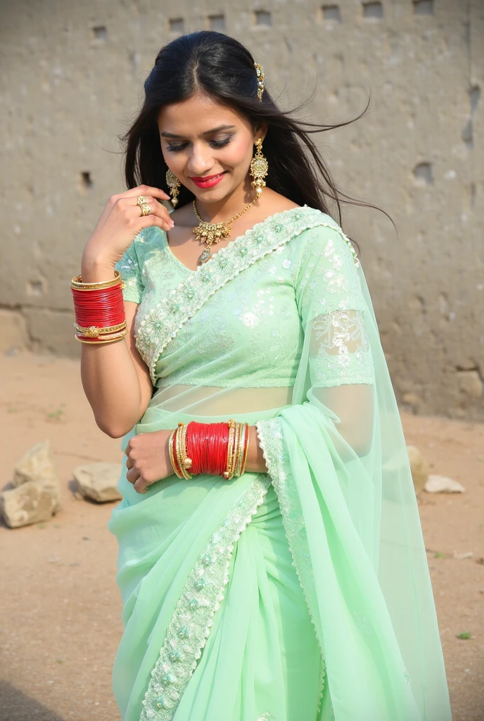 A 6 feet tall beautiful girl with big breasts is standing on the road wearing a saree.