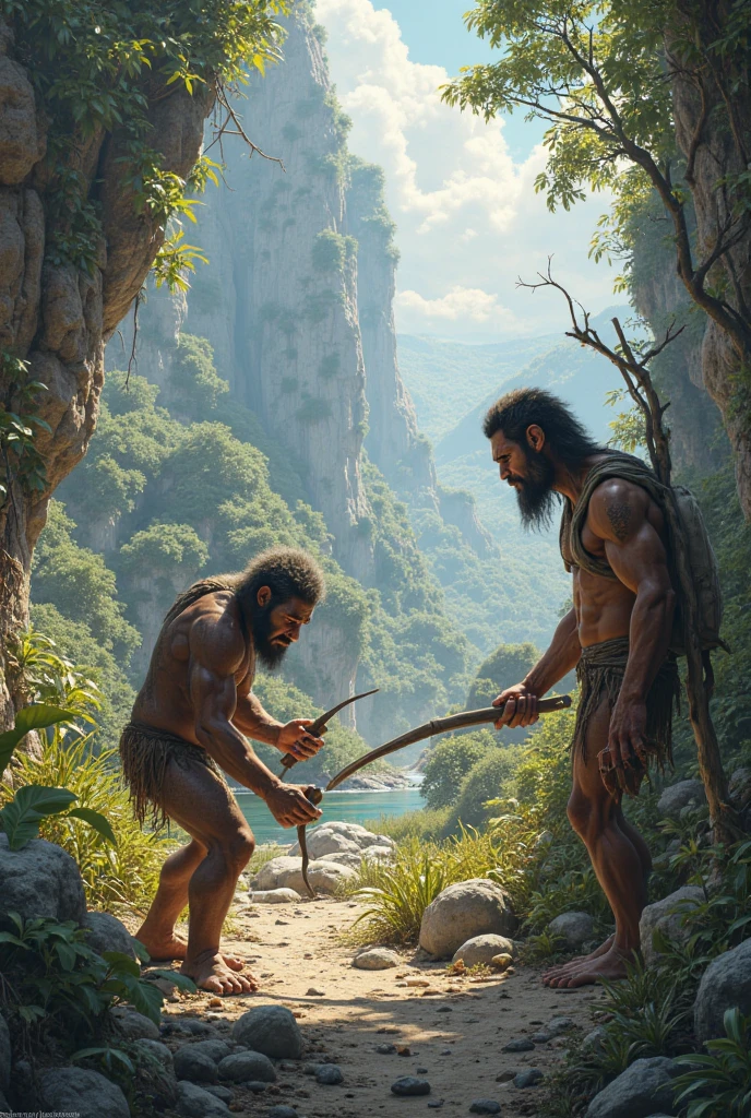 (Best quality, high resolucion, Realstic:1.37), A 16-year-old Stone Age teenager, sitting on his knees with his spear next to him, and behind him there is a dead Smilodon, Ultra detailed, Ancien humain, , Prehistoric scene, Realistic representation of the Stone Age