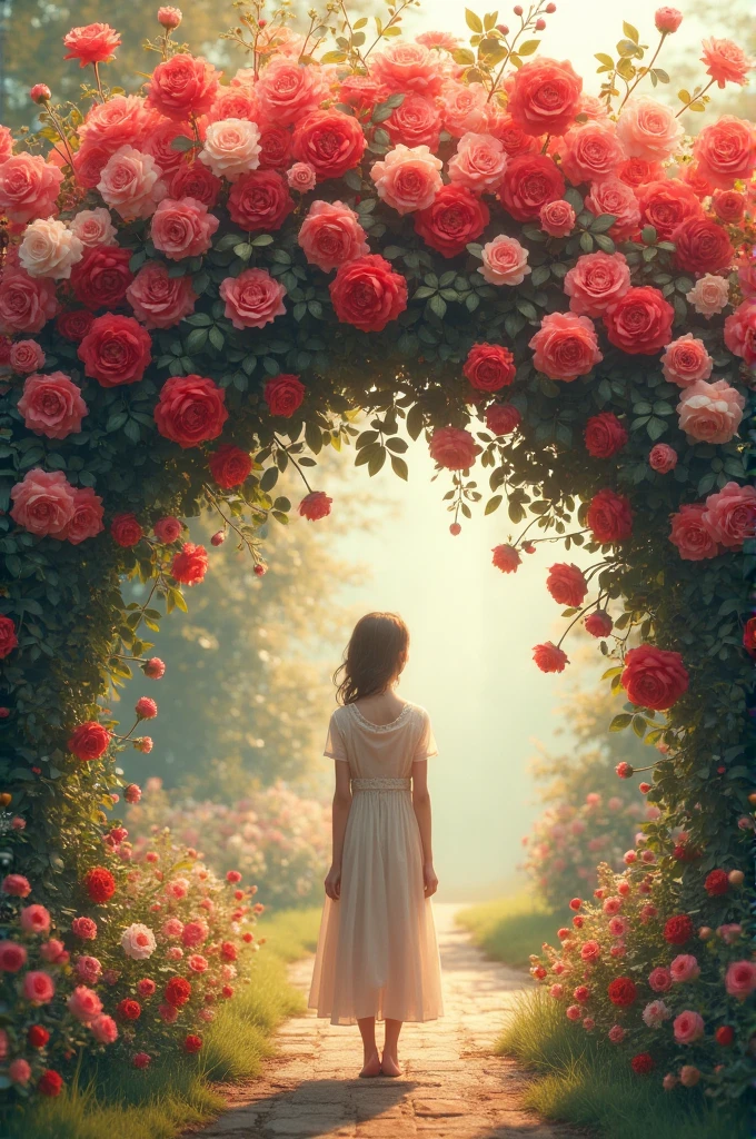 It generates an image of a person in front of a beautiful rose bush sprinkled with its beautiful large and small flowers, surrounded by a warm garden full of light