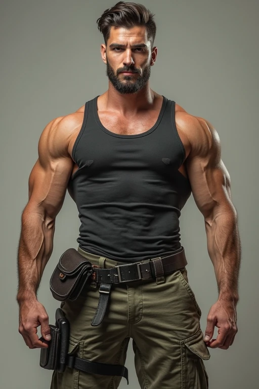 Handsome muscular police man with hair on chest in red thong