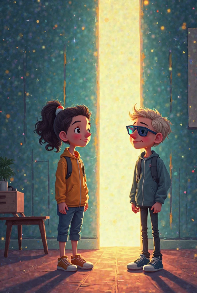 As part of a creative collaboration, I need you to create a cartoon-style image that represents the following scene: we are sitting in a circle, I (Mia) am 8 years old and have short blonde hair, Pedro is 10 years old and wears short black hair. glasses, Luna is 9 years old with dark skin and long curly hair and Astro is a humanoid type robot with a white chest and a white face and the rest of it is light green, along with aliens with shiny skin and big, shiny eyes, sharing exciting stories about our respective realities. The aliens are describing the challenges they face on their own planet, while emphasizing the importance of environmental preservation in different galaxies. Meanwhile, we (Mia, Pedro, Luna and Astro) share the valuable lessons we've learned on our journey, emphasizing the importance of small daily actions to take care of our planet. The image must be colorful, cheerful and convey an atmosphere of friendly and inspiring exchange between different beings. Please be sure to capture facial expressions and gestures that show the emotional involvement and connection between the characters. To convey the glow of the aliens' skin, you can use more vibrant colors and a slight glow effect on their skins.