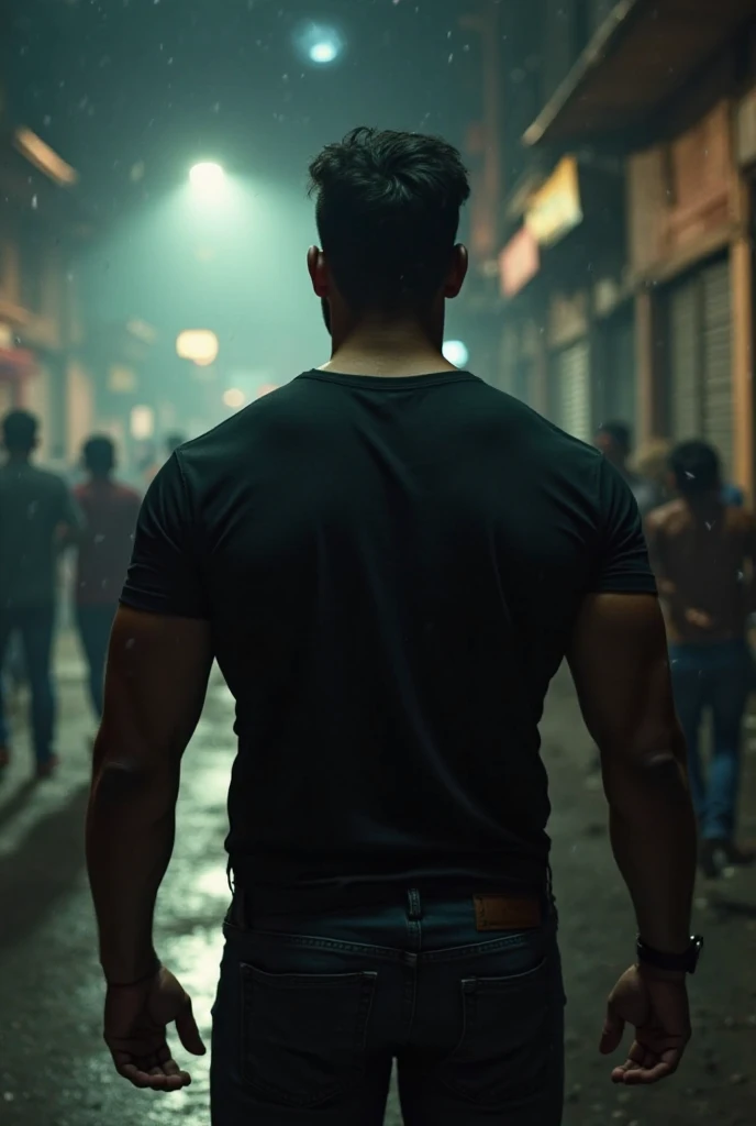 In the foreground, Young male, an attractive man with an enigmatic and treacherous look, black har, yeux noirs, tattoo, yellow skin, a full back image looking at the camera. ancient and biblical vertigo. hyper realistic, cinematic, tee shirt blanc, pantalon beige