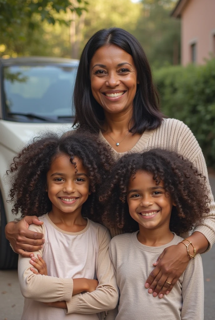 Lightskin Stud and brownskin female holding there daughter smiling wearing matching outfits