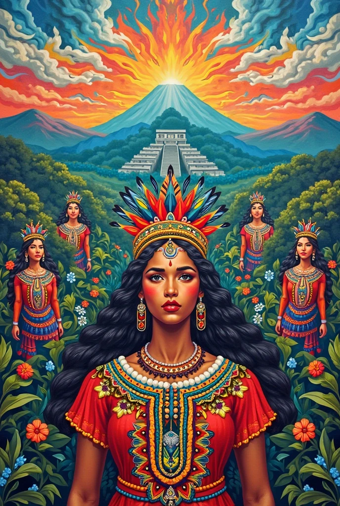 the essence of Mexican pride, featuring lush, vibrant colors and traditional elements that represent the richness of Mexican culture.Imitating the style of the artist Karla Hernandez Murgia , people decorated with trivales pattern The composition being vibrant and dynamic, showing the beauty and depth of Mexican heritage. More than one person eating in harmony Include symbols of Mexican heritage, like traditional patterns, Colorful decorations and iconic figures that embody the spirit of Mexico. Skulls in the background that frame Mexican pride through the inclusion of natural elements such as mountains and sociocultural elements (traditions, gastronomy, music, festivities, prehispanic cultures, iconic characters, legends) native to Mexico. In the background see colorful and tribal patterns referring to Mexican culture. Mexican flowers, red rose skulls and the main character holding a pre-Hispanic machete