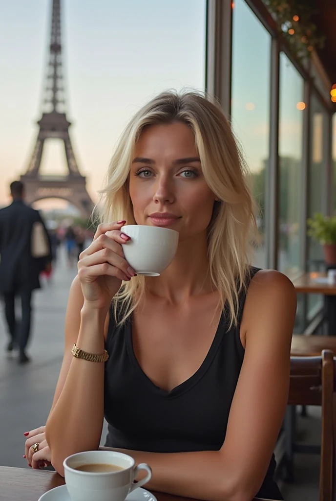 Create a realistic image of a 20 year old woman, longs cheveux blonds, Blue-green eyes drinking coffee on a terrace in Paris, France