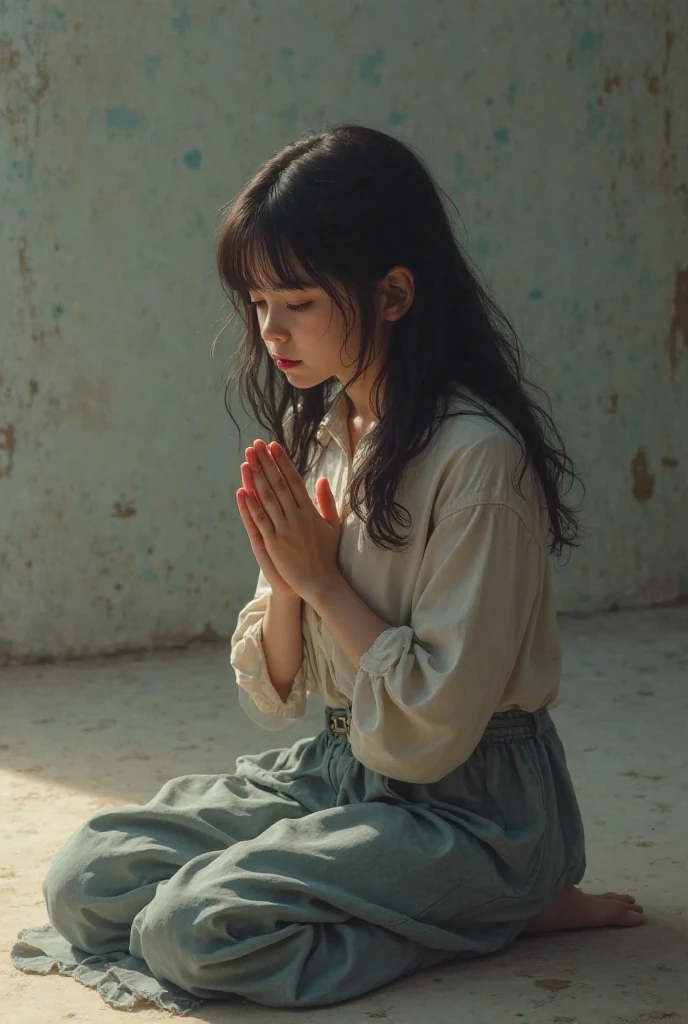 In the center of the room, a brunette child with black hair, nationality (Rio de Janeiro Brazil), is kneeling next to his bed. His eyes are closed in a gesture of concentration, while his small hands are joined in prayer. the child's face is serene and illuminated by an expression of devotion and hope for a better life, the camera captures the delicate details of the room, with old and simple toys some are even broken, in a barnaco of the favela of Rio de Janeiro, everything shows the importance of faith in the life of the child. As the child prays, a ray of sunlight pierces through the window, gently illuminating his face. This symbolizes a special connection to something greater, a sense of transcendence and divine protection. raw, photo-realistic, film grain, ultra-realistic, masterpiece, best quality, ultra high resolution textures, extremely rich detail textures, HDR, 8K resolution.