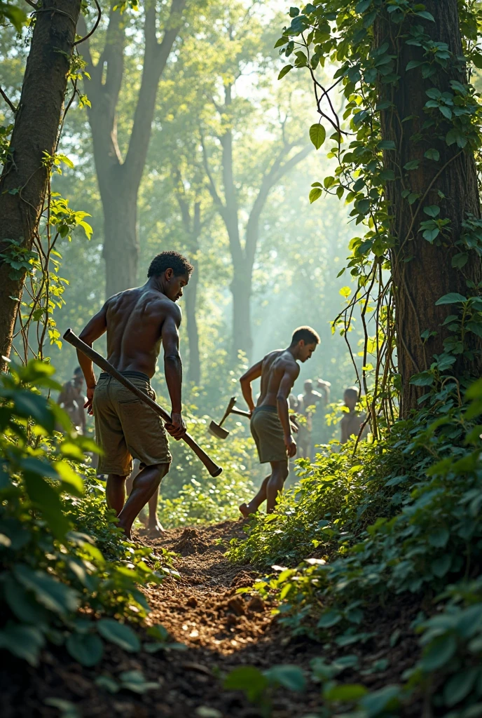 Two handsome, beautiful, young men with fair skin and soft features. One is thin and the other has muscles. They both have short hair and are shirtless in a jungle cutting firewood with an axe. There is a house behind them in the middle of the jungle.