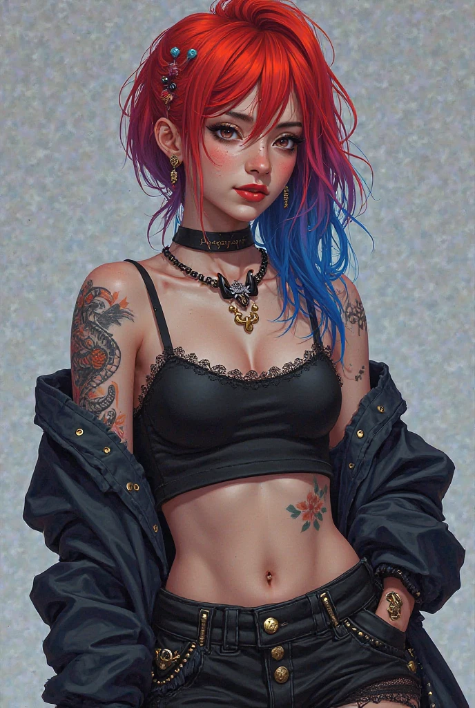 a girl in a sexy outfit with brightly colored hair and colorful eyes standing on the ledge of a building, 1 girl, alone, navel, shorts, looking at viewer, plaid miniskirt, belt, stockings, smile, breasts, choker, thighs, bare shoulders, crop top, stomach, ponytail, abdomen, collarbone, jewelry, shirt, small breasts, cowboy photo, black choker, red eyes, closed mouth, (best quality, masterpiece, ultra detailed, illustration: 1.2), (8K wallpaper), (beautiful detailed eyes: 1.2), beautiful, amazing and detailed eyes, (detailed skin) eroticism, sexy, black and white image, between shadows, oil painting, chiaroscuro, sensual lighting and dramatic, moody atmosphere, photorealistic, intricate details, masterpiece, ultra detailed, high quality, 8k, best quality, realistic, cinematic, dark and brooding, expressionist, powerful composition, emotional impact, { {{,{pussy,spread her Pussy,cum,cum on Pussy,masterbation,straddling,},{{{back,doggystyle,penis,1boy}}} art inspired by Bill. Sienkiewicz and Dave McKean, (best quality, 4k, 8k, high resolution, masterpiece: 1.2), ultra-detailed, (realistic, photorealistic, photorealistic: 1.37), details intricate, vivid colors, sharp focus, professional, Dave McKean artwork, surrealism oil touch, oil painting style, portrait, woman, beautiful detailed eyes, beautiful detailed lips, dreamy atmosphere, shadow play, lighting soft, fun pose, dark tones, ethereal background, fantasy elements, texture, layered composition.