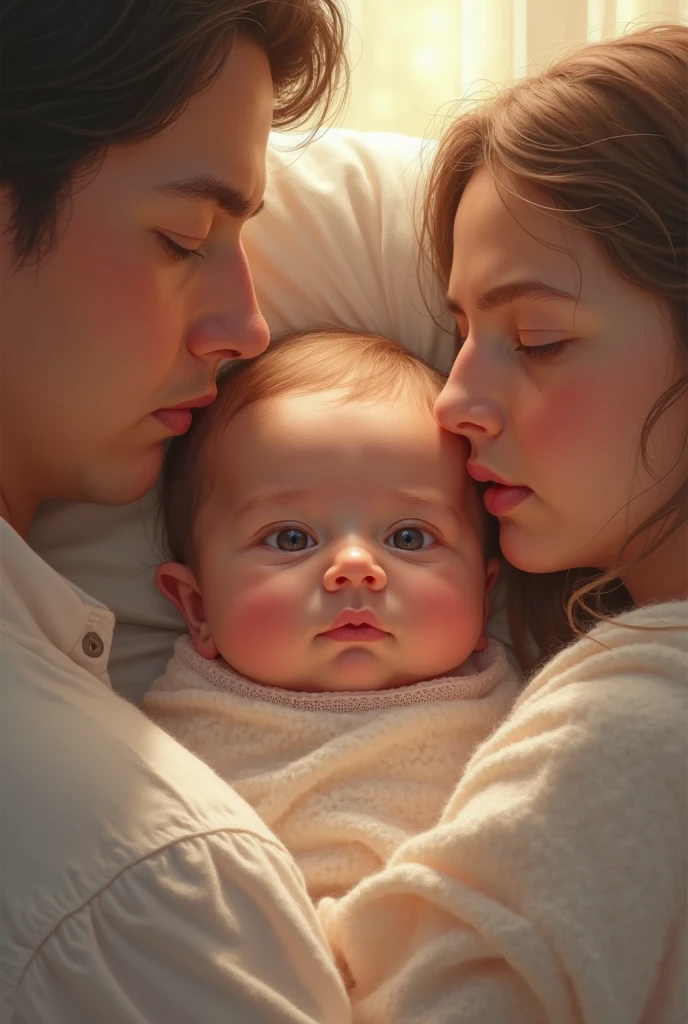 A man holds a child in his arms, while the woman holds him in her arms, maternal photography 4 k, Family Photography, photo of a beautiful, pregnancy, Potrait Studio, ultra realistic photograph, high-quality photo, studio portrait photo, Eugeniusz Zak, Portrait of a family of three, medium portrait soft light, High Quality Portrait, portrait shot
