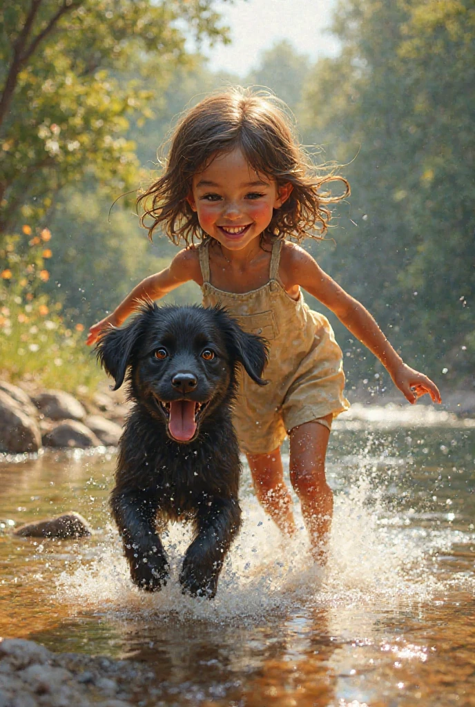 Create a mesmerizing image that intricately captures the pure joy of a child happily playing with their dog on a rainy day. Immerse yourself in the smallest details, with laser focus to illuminate the contagious smile on the child&#39;s face. Show the nuanced layers of happiness – the bright sparkle in your eyes, as rugas suaves ao redor de sua boca, and the unbridled exuberance that radiates from his expression. Elevate representation of raindrops, making them dance across the stage in a choreography of nature&#39;s joy. Emphasize dynamic water splashes, adding to the overall enchanting ambience of this unique moment. Feel empowered to introduce elements that not only accentuate, but amplify the warmth and connection shared between the child and their furry companion. Utilize your creative skill to convey the pure delight encapsulated in this playful scene, expertly brought to life through the magic of artificial intelligence in image creation.