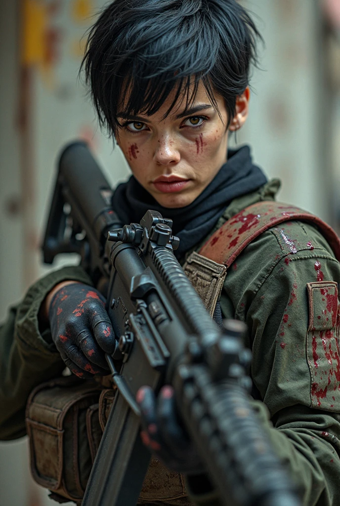 American GI,Wearing a military uniform with several holes,With a G36 assault rifle,Zombie Doom,There was still blood on his clothes。Wild flowing hair, Black panther tattoo on the arm, bigbreasts, intricately details, 8K resolution(Refer to Valley of the Dead 2,Mason)