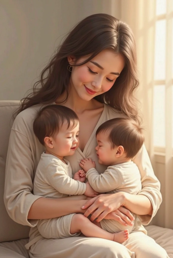 A Japanese woman in her 30s tenderly holds her two-month-old baby、Studio portraits that encapsulate the essence of motherhood。 . The scene is set against the backdrop of a house., Evoking comfort and family love、Capture intricate detail in the highest possible resolution (8K), Ensure every aspect of a serene moment is vividly depicted, Smiling mother looking at her baby、Smiling baby looking at his mother、Happiness、UNIQLO、Simple clothes、Bring your baby close to your face、Selfie style with smartphone、Eye to eye、Our eyes meet