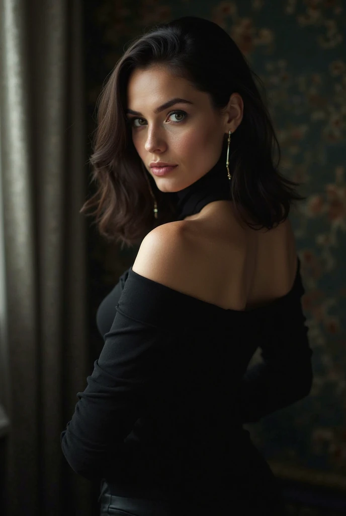 American brunette, white skin, woman, medium-small breasts, black hair, green eyes, dark green dress, detailed shadows, HDR, photoreal, photograph, 8k, best quality, , black eyeliner, lipstick, necklace, full body picture.