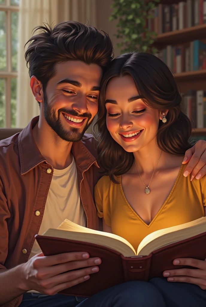 A couple together, each one holding their own book. He kisses her neck. She is smiling.