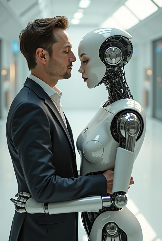 A robot woman with a human head hugging a 20-year-old boy