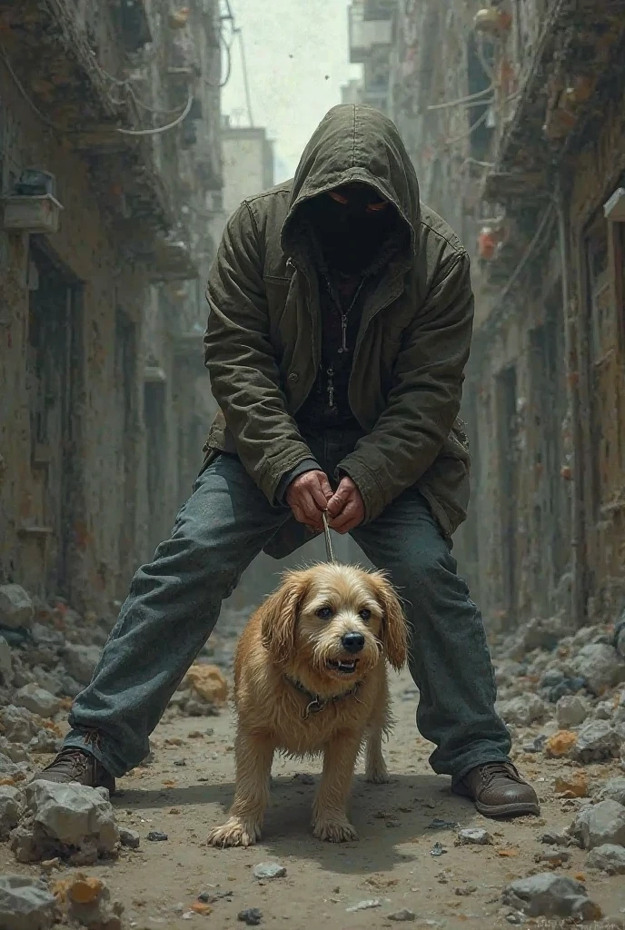 Picture of a young man wearing a dark sweater squatting holding a stone to throw at a group of fierce dogs 5 meters away with the dog in front of him about to attack him in the middle of a quiet village with dim lighting.