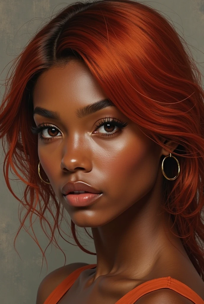 Un retrato exquisito de un (((Negro africano))) woman con deep ebony skin, (((Piel bronceada africana))) (face con freckles), (((desnudo))), Round photography captured in impressive resolution (((8K))) and raw formatting to preserve the highest quality of details. She is completely desnudo, con round tits, (((labios pintados de rojo))), Una sonrisa seductora, y sus piernas abiertas de par en par. La belleza de la mujer es innegable., su rostro domina el encuadre en un primer plano que revela los intrincados detalles de sus ojos.. Su (((long eyelashes))) show the captivating depth conin. The photograph is taken con a lens that emphasizes the defiance in her desnudo body. Su straight, pelo rojo intenso atado en una cola de caballo, con