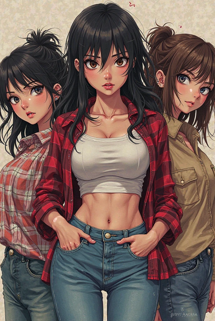 2heads, tall skinny woman with 2 heads. At a video game store. Short messy maroon hair. Wearing a beanie. Wearing unbuttoned open plaid flannel shirt, bra underneath. Wearing jeans. Mature, womanly. Thick thighs, wide hips. Wearing eyeliner, baggy tired eyes. Many tattoos and piercings. Smirking, happy. 