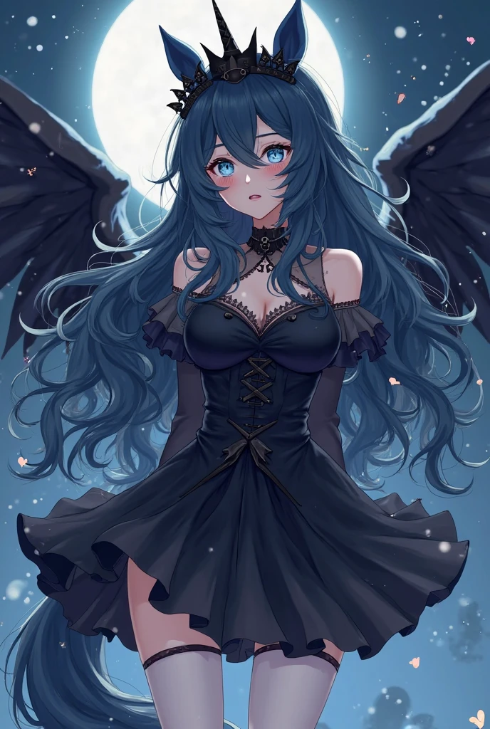 A mysterious and powerful woman dressed in flowing black clothes, with long black hair that seems to be ruffled by the wind. She has an intense and determined expression. On his right shoulder sits a large raven with open wings., giving an even more enigmatic and dark air. The background is hazy, with gray tones, and little crows fly around, complementing the mystical and supernatural atmosphere of the scene.