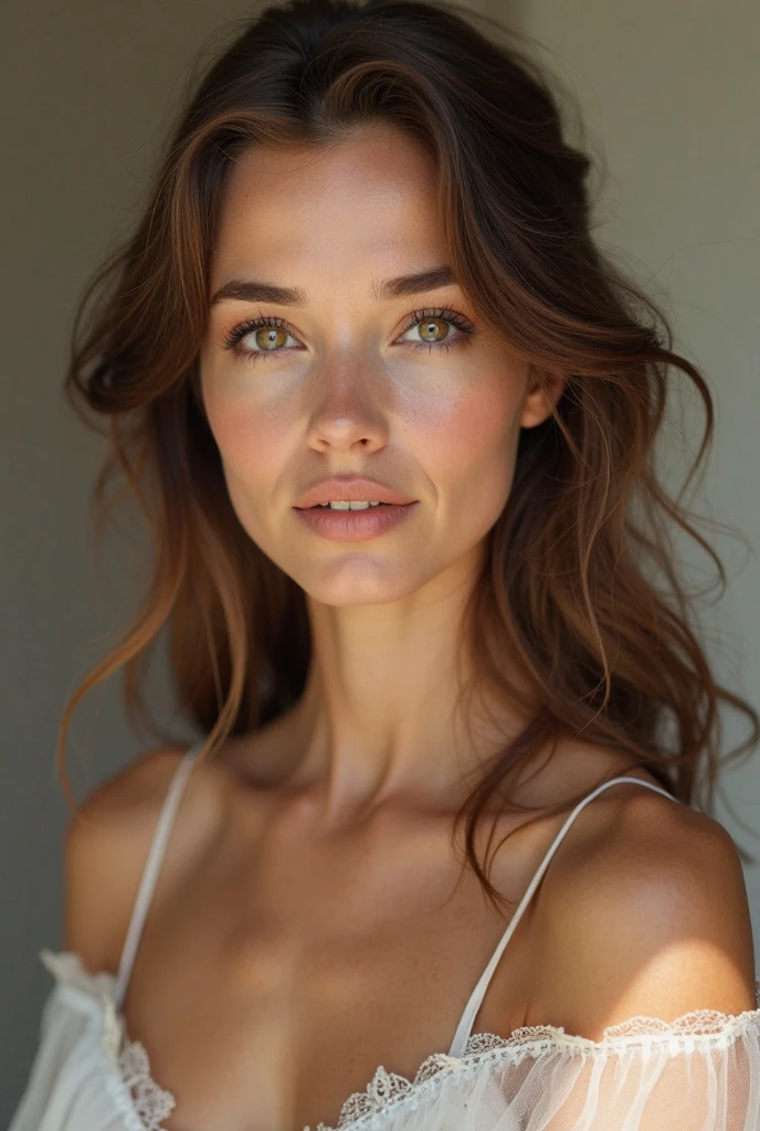 A woman in her fifties wearing a tank top and panties, Sexy girl with brown eyes, Portrait of Sophie Mudd, Brown hair and big eyes, Young woman taking a selfie, Bedroom Eyes, Violet Myers, Without makeup, Natural Makeup, Look straight into the camera, Artgram Faces, Subtle makeup, Great half body shot, In the bedroom, Cleavage