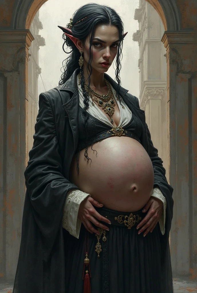 1 boy, dark green hair, best quality, masterpiece, extreme, yellow eyes, male focus, beautiful eyes, pregnant belly button, pregnancy, natural skin texture, 4k texture, HDR, intricate, very detailed, sharp focus, cinematic look, super detailed, waiting to start