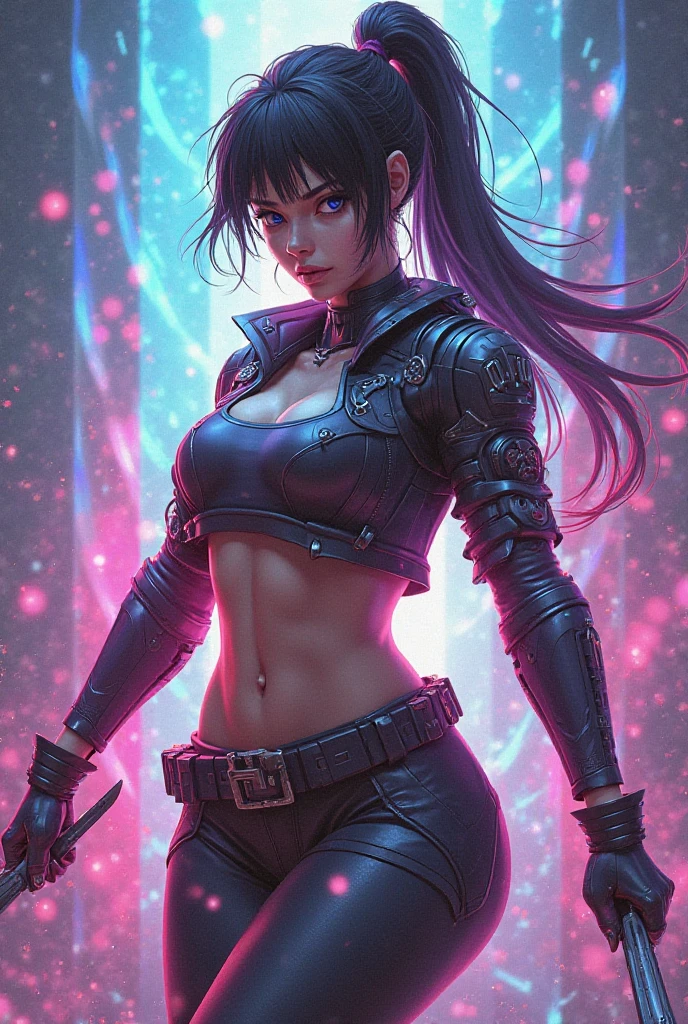 (masterpiece, best quality, ultra-detailed, highres, best illustration),perfect face, ((solo, solo focus, kawaii, neon rim lighting, neon back lights )),side lighting, epic, illustration, render, volumetric lighting, welcoming, see-through gossamer, lustrous skin,(bloom), (shine), 1girl, gun, weapon, rifle, solo, dark-skinned female, dark skin, holding gun, jewelry, purple hair, navel, long hair, earrings, hoop earrings, tattoo, holding, sniper rifle, holding weapon, character name, pants, midriff, breasts, makeup, black pants, looking at viewer, purple eyes, trigger discipline, jacket, medium breasts, eyeshadow, assault rifle, purple nails, crop top, facial mark, facial tattoo, lips, mole under eye, gloves, specular highlights, neon theme, neon futurism, dynamic angle, dynamic pose,city background