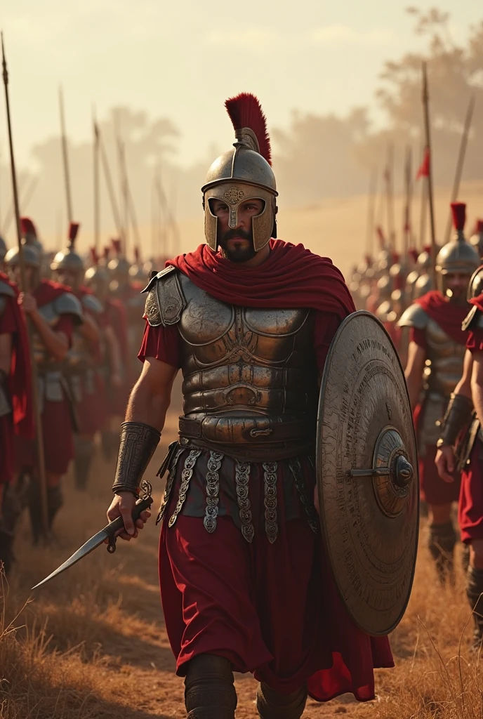 several men next to each other with shield and armor in a spartan army, going to the battlefield in formation, with hatred in the year 400 BC, ready to fight, bloody armor, epic, 8k, standing with a spear , hyper-detailed, trending in the art season, highly detailed