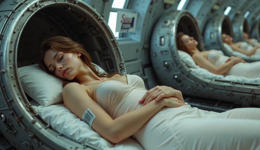 Wide view of Interior of a research station geodesic dome at night in icy flat polar region of alien planet overlooking a plateau. view of nude woman laying on back on top of equipment, asleep looking tired and sweaty with her short cropped blond hair tangled as if she just got out of bed, her body has natural blemishes and light skin, she appears half Korean and half Irish, thick black pubic hair, her natural breasts are perky, real delicate beautiful, detailed, intricate, woman is leaning toward equipment, there is no snow inside the dome, gray carpeting on floor, metal utility desk, bed, metal and hard plastic cabinets all visible, night, dark outside, nebula visible in sky, soft and very dim lighting in dome, everything and everyone is inside dome. Furnishing proportional to woman's body, comfortable bed in background.