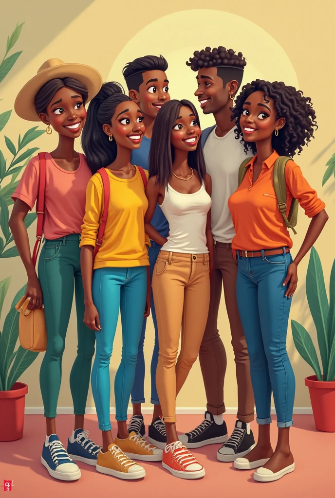Two teenage black boys and two teenage black girls in a university background. The two boys are casually dressed. The two girls are wearing gowns.