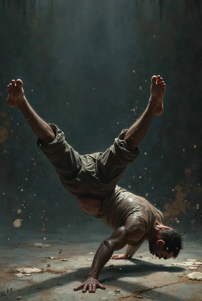 dramatic highres photo, very tanned primitive buzzcut shaved head brutish sad Neanderthal Russian young man somersault spinning doing tumbles in arena circle in the circus Brazil, very hot and wet environment, brutish dumb face scratches blush barefoot wearing only skimpy loincloth barefoot, covered in scratches oil soot rashes, ragged, sweaty and unkempt, fit and sturdy, mesmerizing iconic art