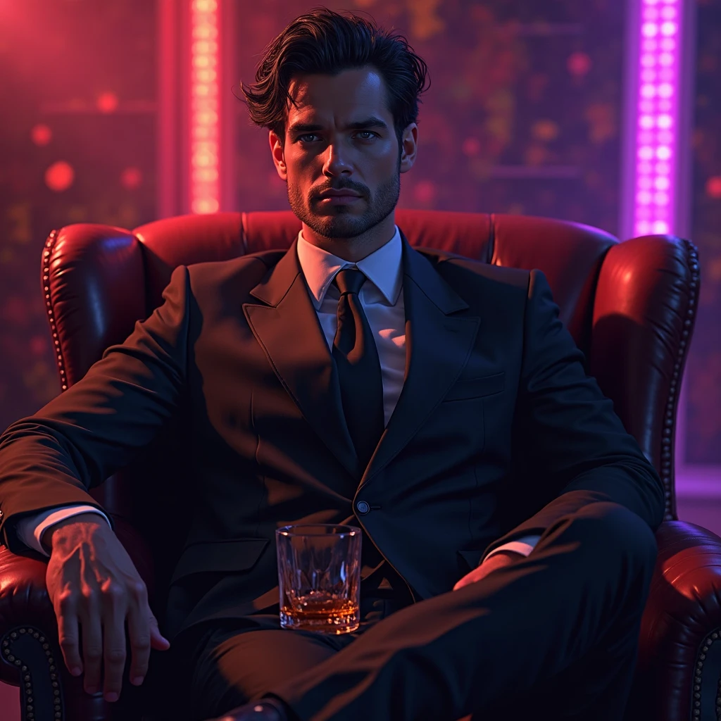 Vampyfangs1. a film still photo. 35mm. 4k. From a 2003 movie. A blonde haired vampire man with fangs sits on a red couch drinking a red cocktail. he's at a red themed bar. Dramatic lighting. Noir.