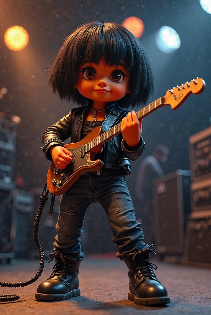 A anthropomorphic kitten fluffy cartoon digital painting 3d realistic with very long hair black with bangs, cover band Ramones, Joey Ramone singing with microphone in hand (black sunglasses with oval lenses red) digital painting 3d cosplay Ramones pants jeans, All Star shoes in the background concert stage with several lights blue, isometric view, Cinematic, Hyperrealistic, Backlit, Extremely low angle, Highly detailed, scaled down, Unrealistic rendering, 16K