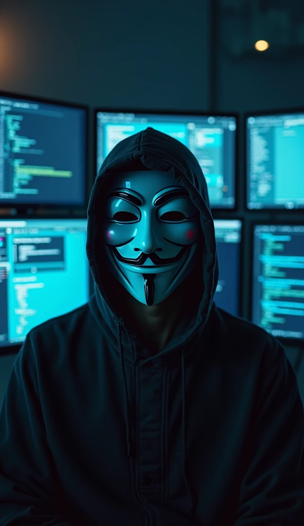 Scene 1: Mysterious Introduction (0-3 seconds) Visual: The video begins with a close-up of the hacker's mask (Anonymous mask) in a dimly lit room. The mask is illuminated by the glow of the computer screens. Sound: Intense, suspenseful music starts playing softly. Text Overlay: "In the heart of the digital underworld..." Scene 2: The Hacker's Presence (4-8 seconds) Visual: The camera zooms out to reveal the hacker sitting in front of multiple monitors, facing the camera directly. The room is dark, with only the glow of the screens illuminating the scene. Sound: The music intensifies slightly. Text Overlay: "A lone figure emerges..." Scene 3: Dramatic Interaction (9-15 seconds) Visual: The hacker slowly raises a hand and points directly at the camera. The background screens display scrolling code and cryptic messages. Sound: A heartbeat sound effect begins, adding to the tension. Text Overlay: "We are Anonymous. We are legion..." Scene 4: Power Display (16-20 seconds) Visual: The hacker types a few keys on the keyboard, and the central monitor behind them flashes with the message "Access Granted" in bold letters. Effect: Quick cutaways to the screens showing successful hacks, encrypted messages, and digital graphics. Text Overlay: "Expect us." Scene 5: Call to Action (21-25 seconds) Visual: The camera focuses back on the hacker's mask. The hacker leans in slightly, making the moment more personal and intense. Text Overlay: "Join the revolution. Follow for more." Ending (26-30 seconds) Visual: Fade out to a dark screen with the hacker's logo or username displayed prominently. Sound: The music fades out with an echoing effect. I want this hacker like sitting and talking or thinking to the screen