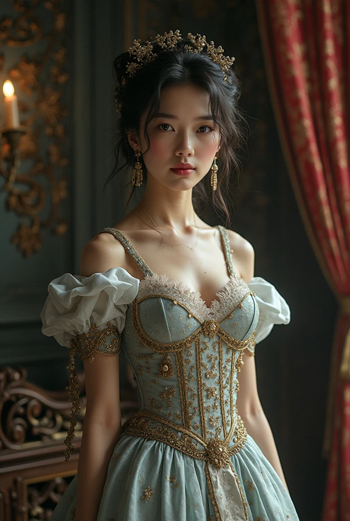 A stunning 20-year-old Malaysian woman with a radiant, pretty face, looking directly at the viewer with a soft smile and expressive, beautiful eyes. She poses elegantly, showcasing a unique corset design. The corset features a blend of modern and traditional elements, with a structured bodice made of rich, brocade fabric in a deep sapphire blue hue. The bodice is embellished with intricate gold embroidery that glimmers in the light, adding a touch of opulence. The corset is styled with a flowing, asymmetrical skirt made of layers of tulle, creating a whimsical and romantic look. Her hair is styled in a sleek updo, adorned with delicate gold hairpins that match the embroidery on the corset. She wears minimal jewelry, allowing the corset to be the focal point of her ensemble. She exudes confidence and sophistication, showcasing the beauty of the corset fashion.