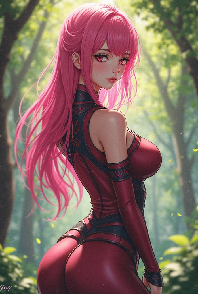 very sexy vampire wolf girls chasing a young girl. with athletic bodies slender breasts and buttocks upright thin waist long hair with curlers and pink bangs in a macabre forest