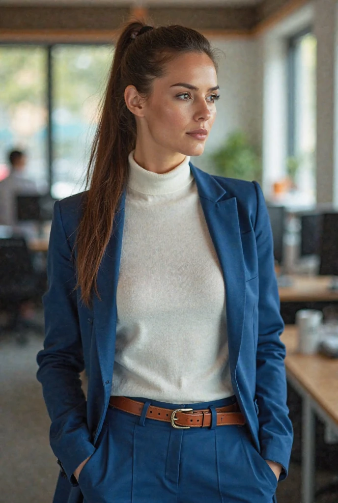((super photographic, superrealism)),Front view, (( Action pose, one hand, straight punch:1.3)), action cinema,  action scene ,Full body, solon,  Actress of 007 , in  Pub , (1 Scottish woman , 30 age old ,(gold hair, short cut, serious, glare at man), ((wearing  Navy Blue blazer jacket, white turtleneck sweater,  Navy Blue pants, leather black belt,  brown shoes :1.5)) , ((super detail, high details, high quality, accurate, anatomically correct, textured skin, beautiful fingers super detail, high details, high quality, best quality))