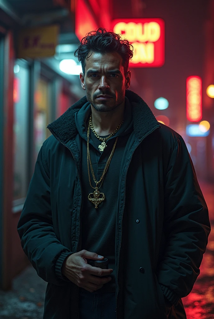 men in drug dealer look, detailed facial features, serious expression, carrying drugs, standing in urban alleyway, neon lights, gritty atmosphere, cinematic lighting, dark and moody, realistic portrait, oil painting, 8K, HDR, physically-based rendering, cinematic,dramatic colors,chiaroscuro