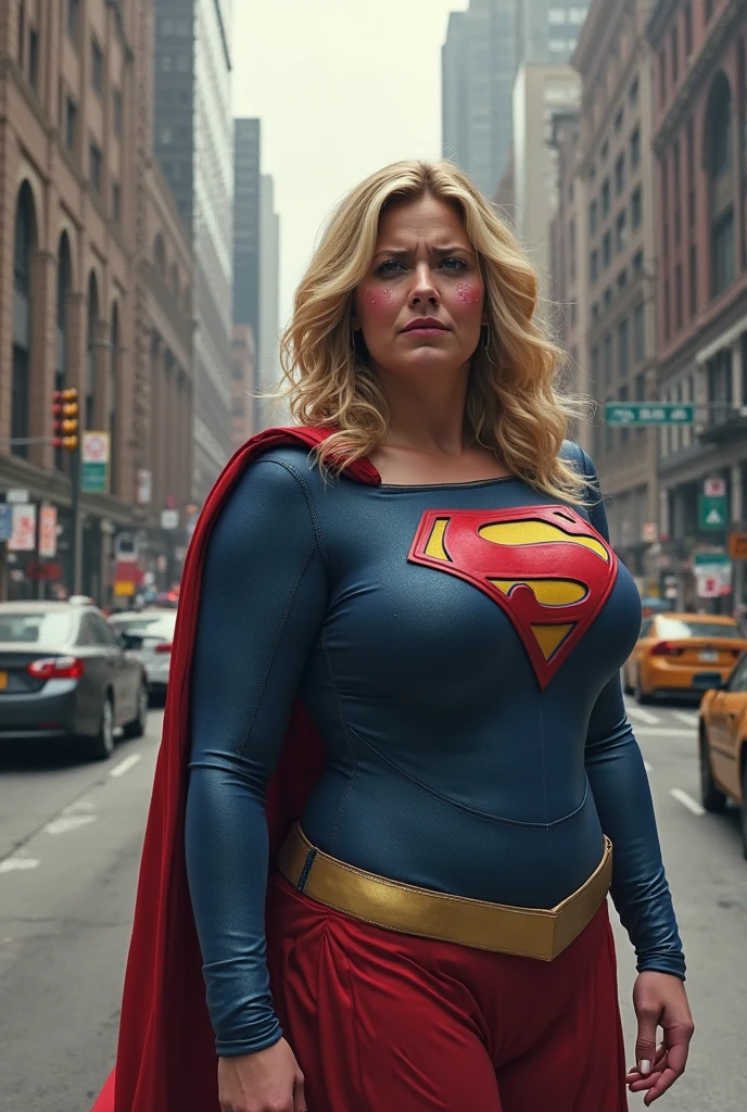 Super Melissa McCarthy(big fat woman; powerful; trusting; higher) 2007 (((Woman defined body strong and firm large breasts; Supergirl 1984s costume dress))) as Supergirl(((Filme da Supergirl de 2007 de Melissa McCarthy))); floating in mid - air.