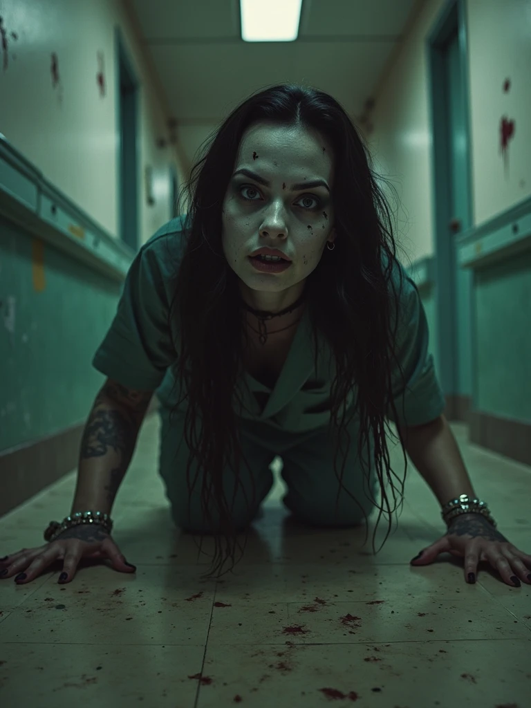 a black-haired female zombie, grey eyes, with big breasts, dressed as a nurse, Walking like a zombie down a hospital hallway.