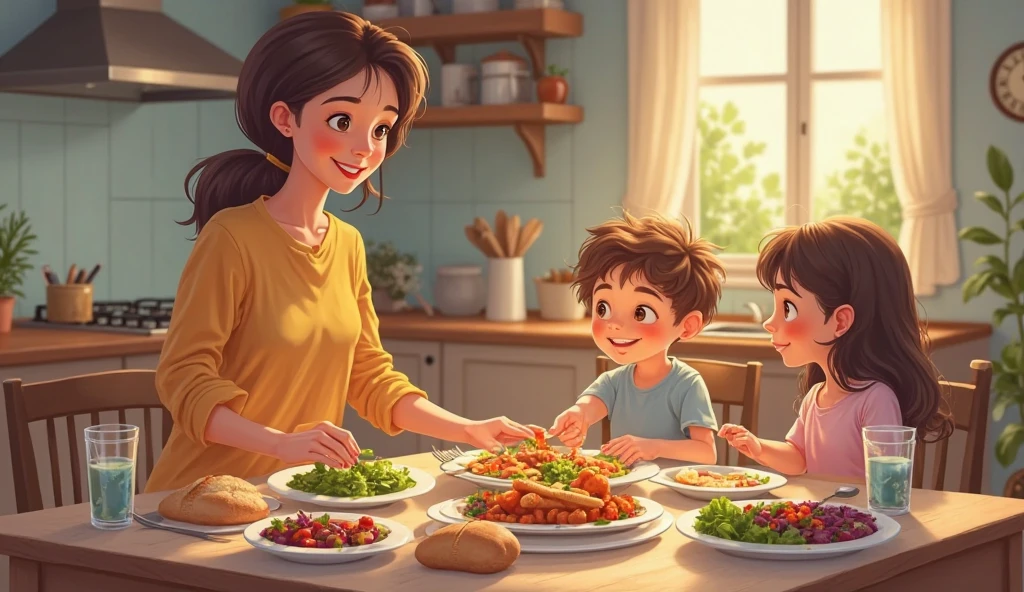 The dancer tells a story to her two children at the table eating much more animated more animated