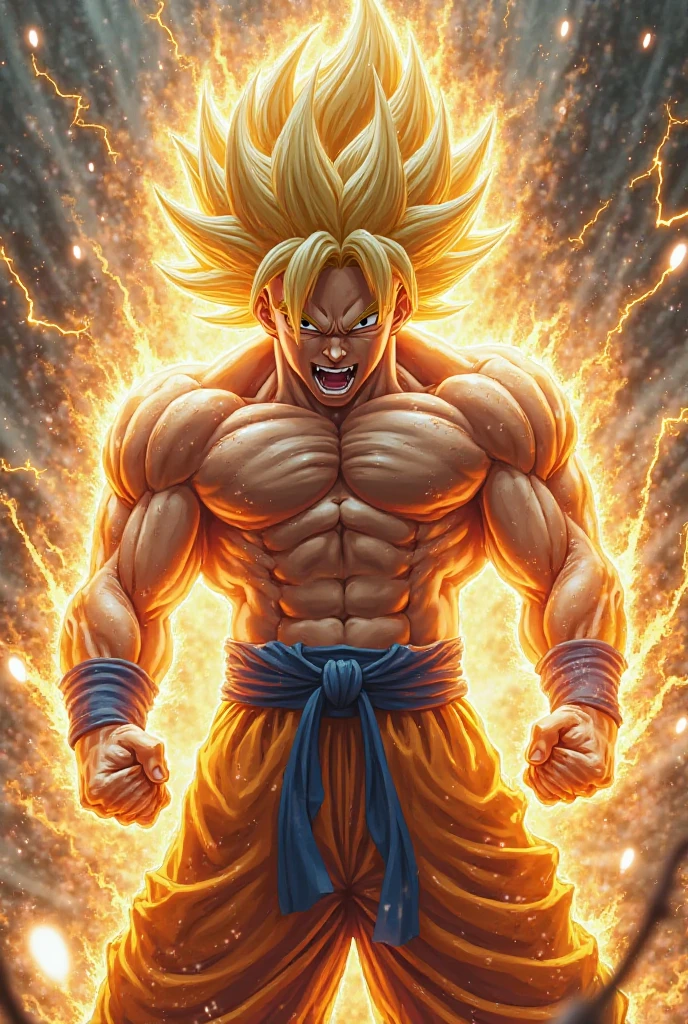 glowneon, full lightning effect, super realistic, full aura lightning glow,photo of glowing Ultra Instinct Son Goku emitting sparks and electricity, dark white, glowing eyes, cinematic film still 