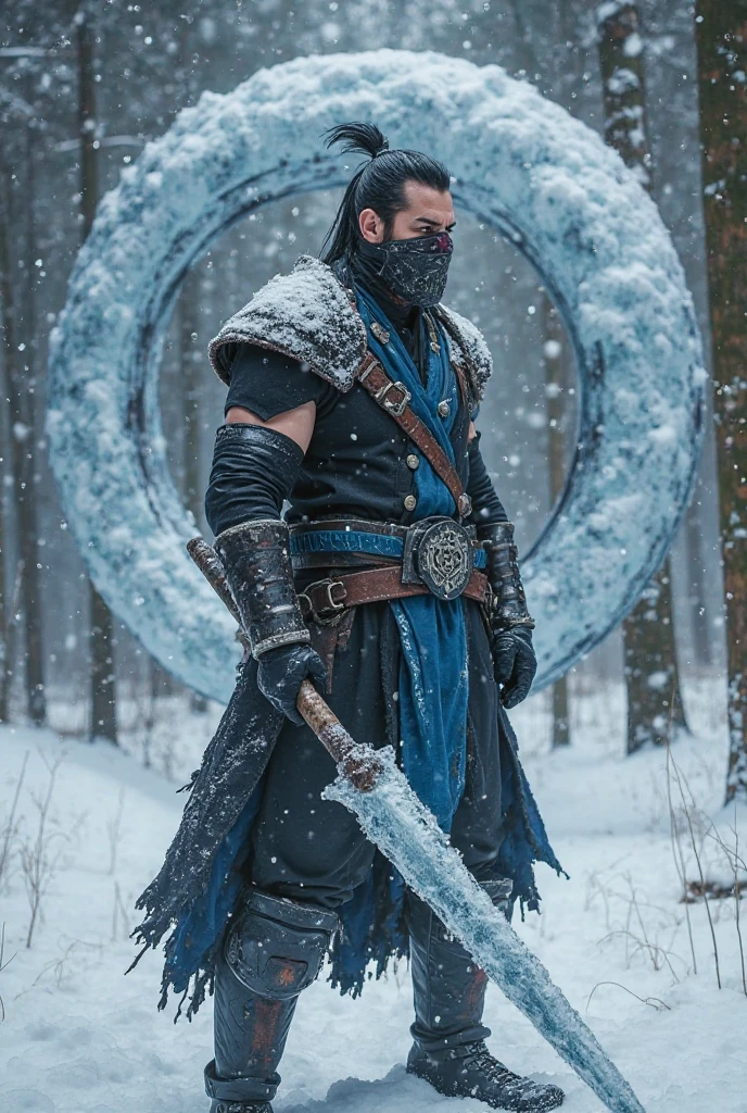 Sexy thin muscular ninja with big crotch bulge in the cold snow storm, muscular ninja in the cold snow. Men in sexy underwear. Sexy ninja male. Ninja with a big dark sword. Hairless handsome man fighting in the snow. Ninja with shiny tattoos in his arms. Sexy slim underwear.