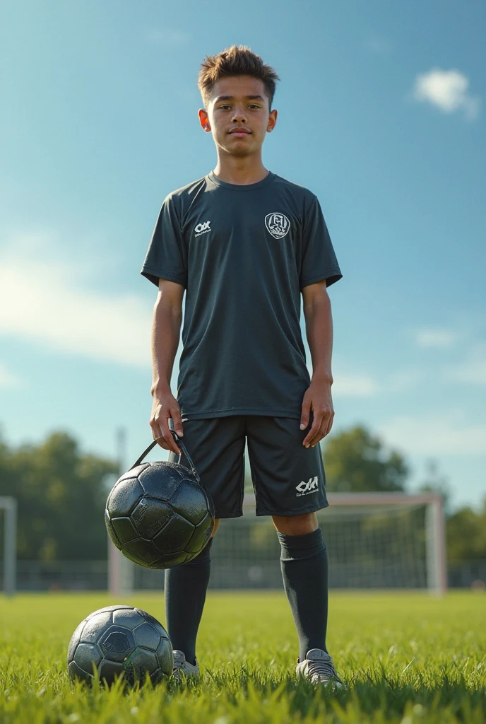 Black boy with black eyes very short black hair, six years old, blue flannel, who likes soccer, is a goalkeeper