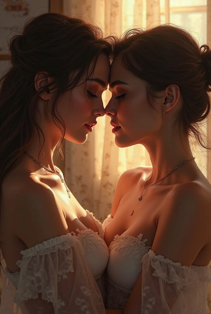 (best quality,4k,8k,highres,masterpiece:1.2),ultra-detailed,(realistic,photorealistic,photo-realistic:1.37), HDR, UHD, studio lighting, extreme detail description, professional, portraits, vivid colors, bokeh, lesbian couple, romance, women, kiss, mouth to mouth, attractive, holy shot, making out, wonderful scene, movie, lovely kiss, room together, cute, showcasing.

Notice：The prompt here starts with"woman"and"Woman kissing"For the theme，Matches the given topic description，Added detailed description。